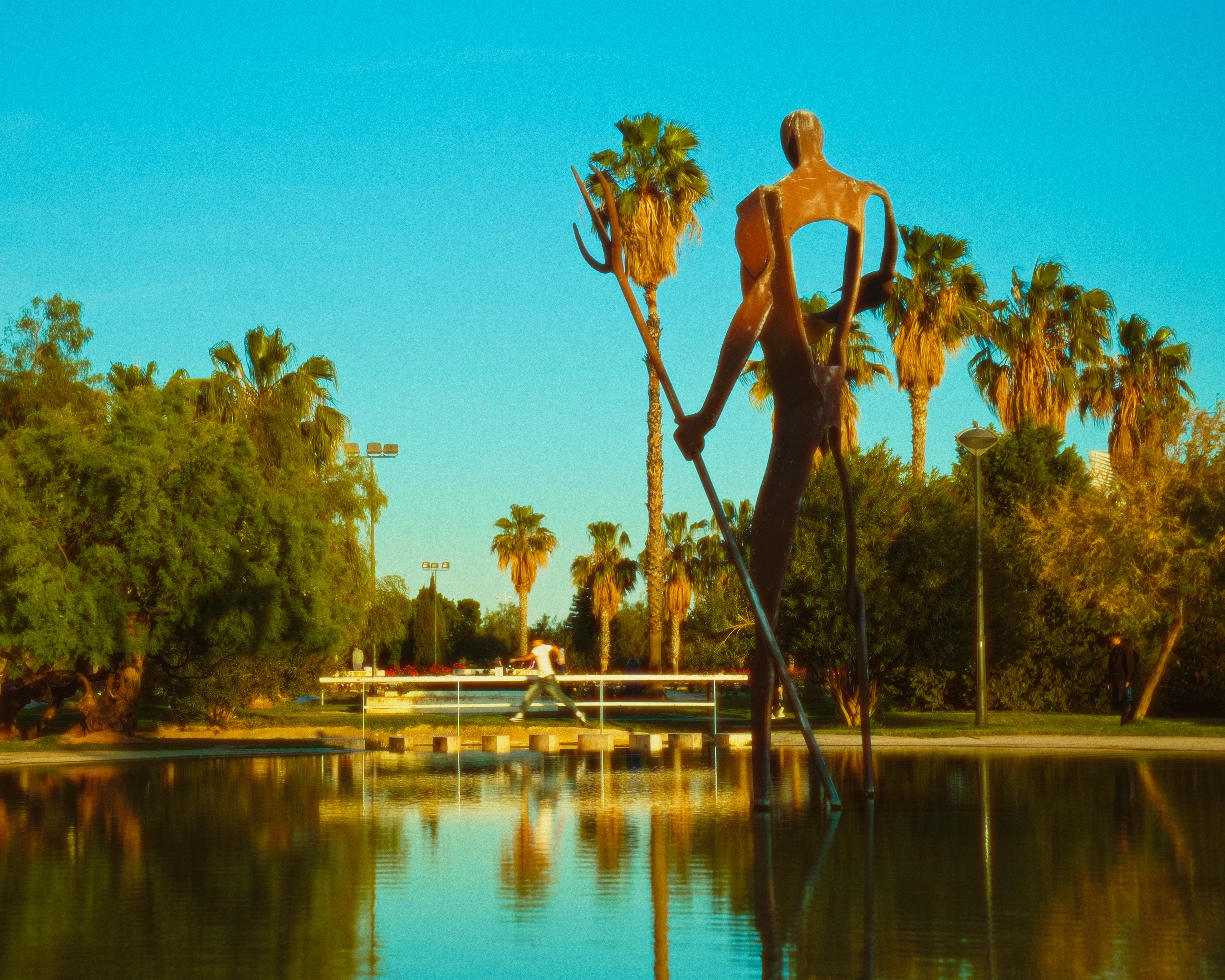 A silent figure watches over the water, palms catching the last light.